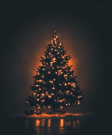 Christmas tree decorated with sparkling lights, festive holiday glowの素材