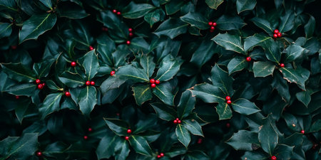 Holly leaves with vibrant red berries, festive holiday decoration.の素材