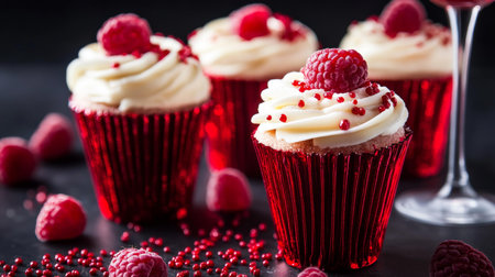 Cupcake with white frosting, raspberry on top, pink background.の素材
