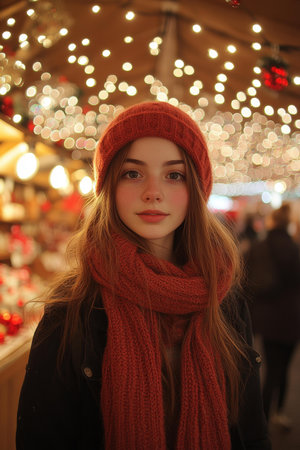 Woman wearing red hat, scarf, stylish winter fashion portrait.の素材