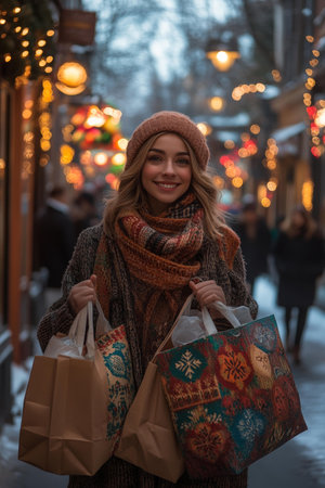 Smiling woman carrying colorful shopping bags on city street.の素材