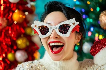 Woman in sunglasses with Christmas tree, festive holiday vibe.の素材