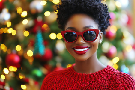 Woman in sunglasses, red sweater, smiling confidently outdoors.の素材