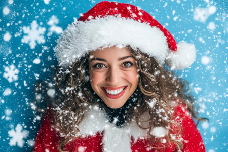 Smiling woman in Santa hat, joyful holiday spirit, festive cheer.の素材
