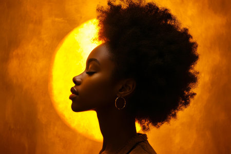 Woman with afro hairstyle against vibrant yellow background.の素材