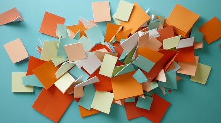 Colorful paper pieces scattered on vibrant blue background.の素材