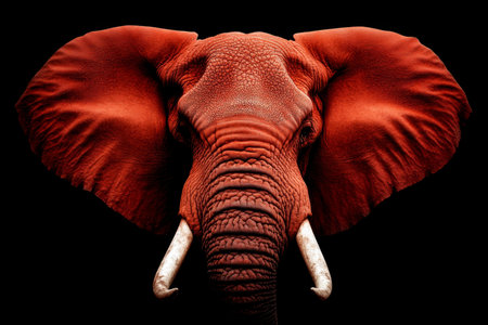 Majestic elephant head with prominent tusks in natural setting.の素材