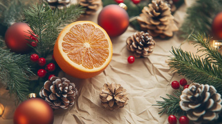 Close-up of orange with pine cones, earthy tones, autumn theme.の素材