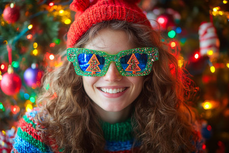 Young girl with sunglasses, smiling, enjoying sunny day outdoors.の素材