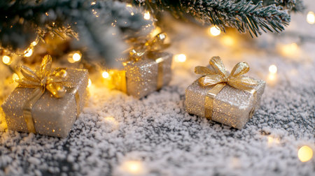 Small Christmas tree adorned with ornaments, surrounded by colorful wrapped presents on wooden floor, festive holiday scene.の素材