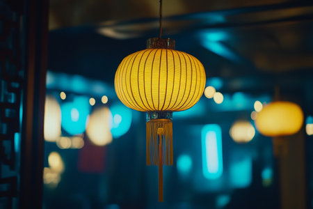 Yellow lantern hanging from ceiling casting warm glow, creating cozy ambiance in dimly lit room.の素材