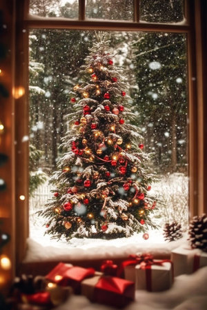 A cozy Christmas scene with a decorated tree, colorful presents and a snowy view through the window.の素材