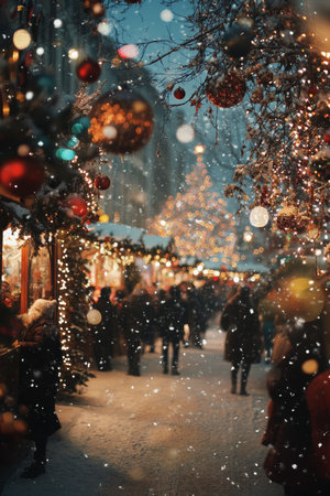 People strolling down a snow-covered street adorned with festive Christmas lights and decorations, capturing the holiday spirit.の素材