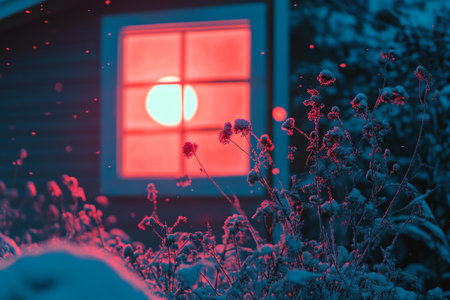 Red light shining through window, casting warm glow inside room, creating cozy and inviting ambiance.の素材