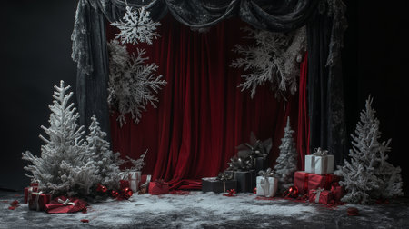 A festive stage adorned with wrapped presents and twinkling Christmas trees, capturing the holiday spirit.の素材
