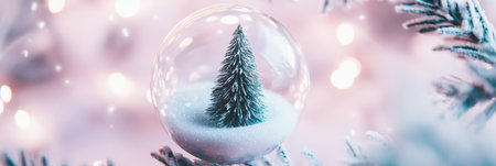 A miniature Christmas tree encased in a glass ball, reflecting festive holiday spirit with delicate lights and ornaments.の素材