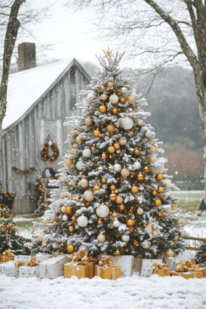 A Christmas tree decorated with gold ornaments stands in the snow, surrounded by wrapped presents, evoking holiday cheer.の素材