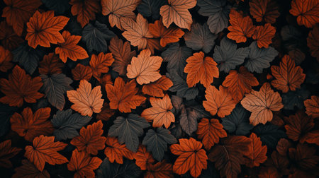 Close-up of vibrant orange and brown autumn leaves on a forest floor, showing natural textures and colors.の素材
