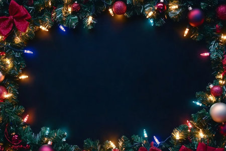 Christmas garland with glowing multicolored lights, red bows, and baubles, framing a black background. Ideal for a festive holiday banner or greeting card.の素材