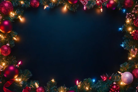Christmas garland with glowing multicolored lights, red bows, and baubles, framing a black background. Ideal for a festive holiday banner or greeting card.の素材