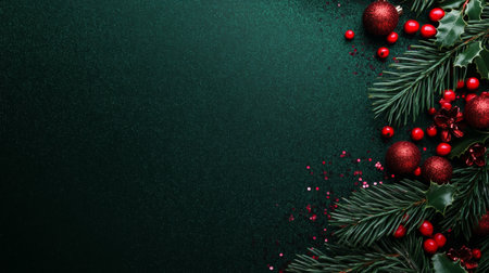 Christmas decorations with red baubles and berries on lush green pine branches. The dark green glittery background adds elegance to the festive composition.の素材