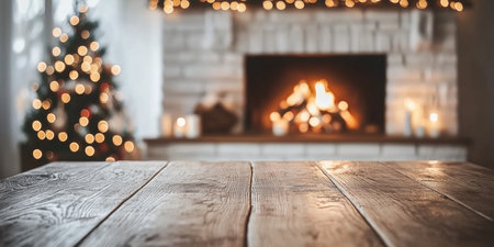 Wooden table in front of a glowing fireplace with bokeh lights and Christmas decorations. A cozy and warm holiday scene, perfect for winter gatherings and festive designs.の素材