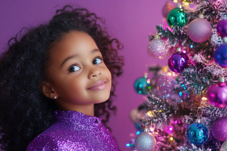 Smiling girl admiring a sparkling Christmas tree. Tree decorated with glittery ornaments. Purple background, joyful holiday vibe.の素材