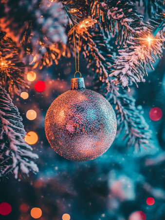 Silver Christmas bauble hanging on a snow-covered branch. Soft warm bokeh lights in the background. Festive and cozy winter decor.の素材