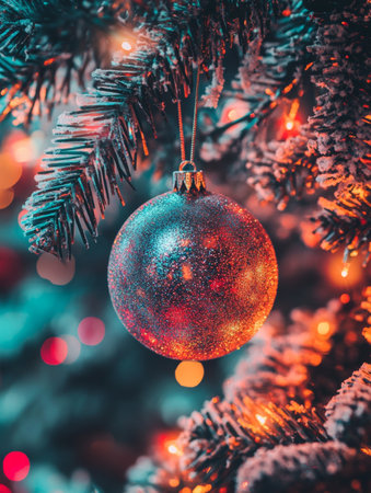 Silver Christmas bauble hanging on a snow-covered branch. Soft warm bokeh lights in the background. Festive and cozy winter decor.の素材