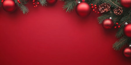 A row of red Christmas baubles and pine branches with pinecones on a plain red background. A minimalist and elegant festive composition.の素材