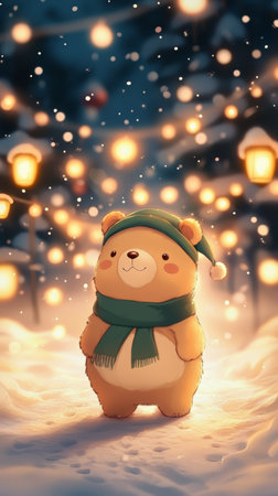 A cozy teddy bear in a scarf and hat sits in the snow, surrounded by a winter wonderland. Keywords: teddy bear, scarf, hat, snow, winter, cozy, cute,の素材