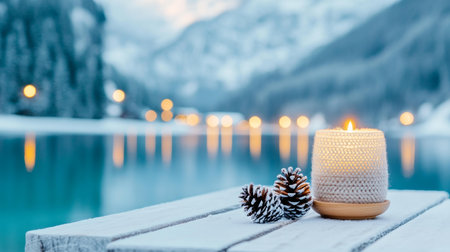 Rustic wooden table with a lit candle and a pine cone, evoking a warm and cozy atmosphere.の素材