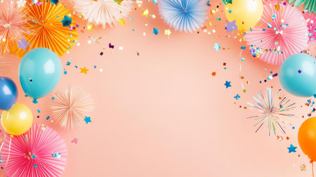 Vibrant colorful balloons floating amid festive confetti in a celebratory atmosphere.の素材