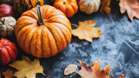 Close-up of autumn pumpkins and colorful leaves on a dark textured background. A cozy and vibrant display of the fall season.の素材