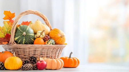 A basket filled with pumpkins, gourds, and autumn leaves. Vibrant fall colors create a warm and festive display for Thanksgiving or harvest themes.の素材