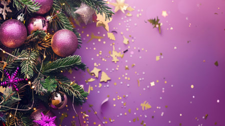 Pink and gold Christmas ornaments with glitter ribbons on a vibrant purple background. Festive sparkles and decorative elements enhance the composition.の素材