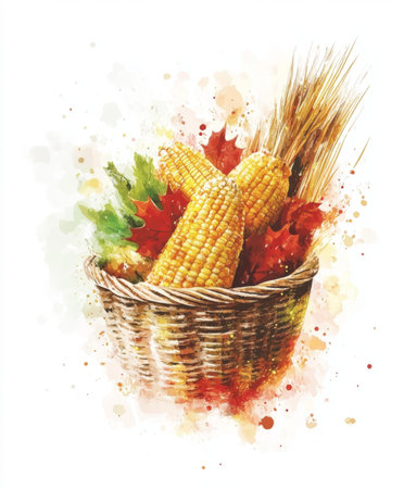Watercolor painting depicting corn in basket with soft colors, showing rustic charm and harvest abundance.の素材
