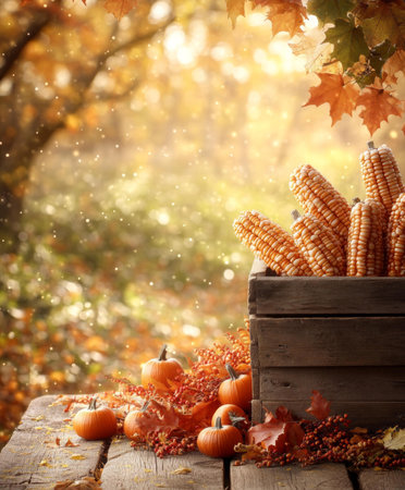Wooden crate filled with corn, pumpkins, showcasing harvest season's bounty, rustic autumn display.の素材