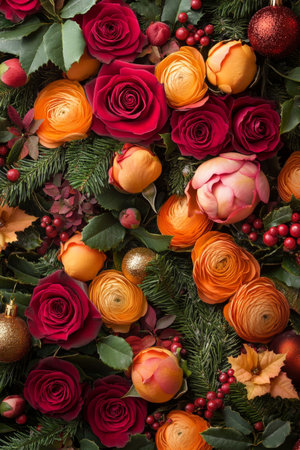 Christmas floral arrangement featuring roses, pine branches, red baubles, and pinecones. A rich and festive decoration perfect for the holiday season.の素材