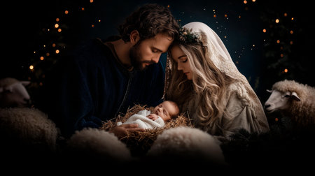 Couple holding baby in sheep-filled field, surrounded by fluffy white sheep under clear blue sky.の素材