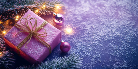 A lavender gift box tied with a glittery ribbon resting on a snowy surface. Surrounded by glowing string lights, pine branches, and colorful baubles. A festive cozy atmosphere.の素材