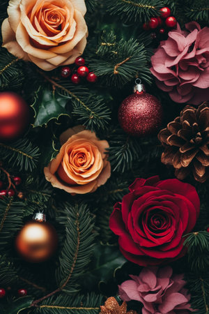 Christmas floral arrangement featuring roses, pine branches, red baubles, and pinecones. A rich and festive decoration perfect for the holiday season.の素材