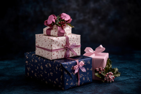Stack of three wrapped presents with pink bows, arranged neatly on white surface, ready for gifting.の素材