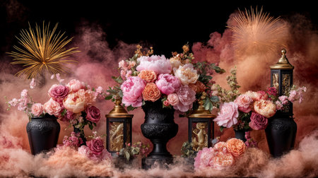 Elegant vases filled with colorful flowers, arranged artistically on wooden table, enhancing room decor.の素材