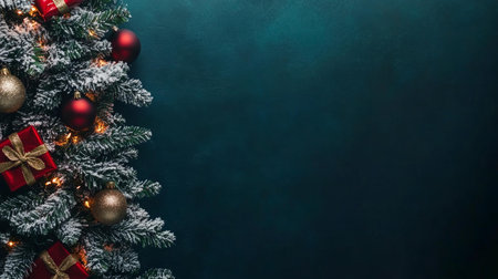 Christmas tree adorned with lights, surrounded by wrapped gifts on dark background. Festive holiday scene.の素材