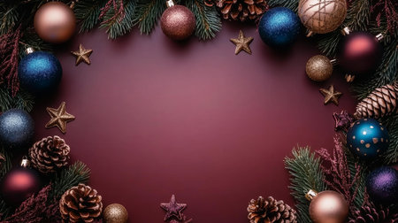 Festive scene with fir branches, red baubles, golden stars, pine cones, and twinkling lights, perfect for holidays.の素材