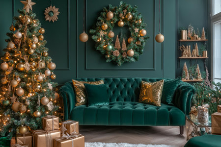 Green couch adorned with gold ornaments, next to Christmas tree, festive living room setting.の素材