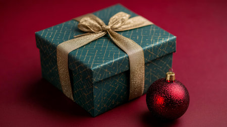 Blue gift box with gold ribbon, red ornament beside it, elegant presentation on white background.の素材
