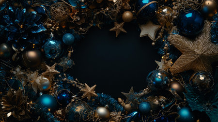Blue and gold Christmas wreath adorned with ornaments, creating festive holiday decor for front door display.の素材
