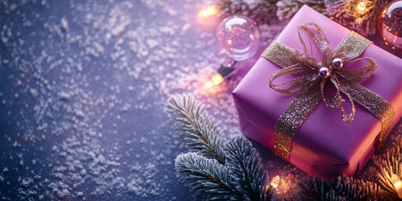 A lavender gift box tied with a glittery ribbon resting on a snowy surface. Surrounded by glowing string lights, pine branches, and colorful baubles. A festive cozy atmosphere.の素材